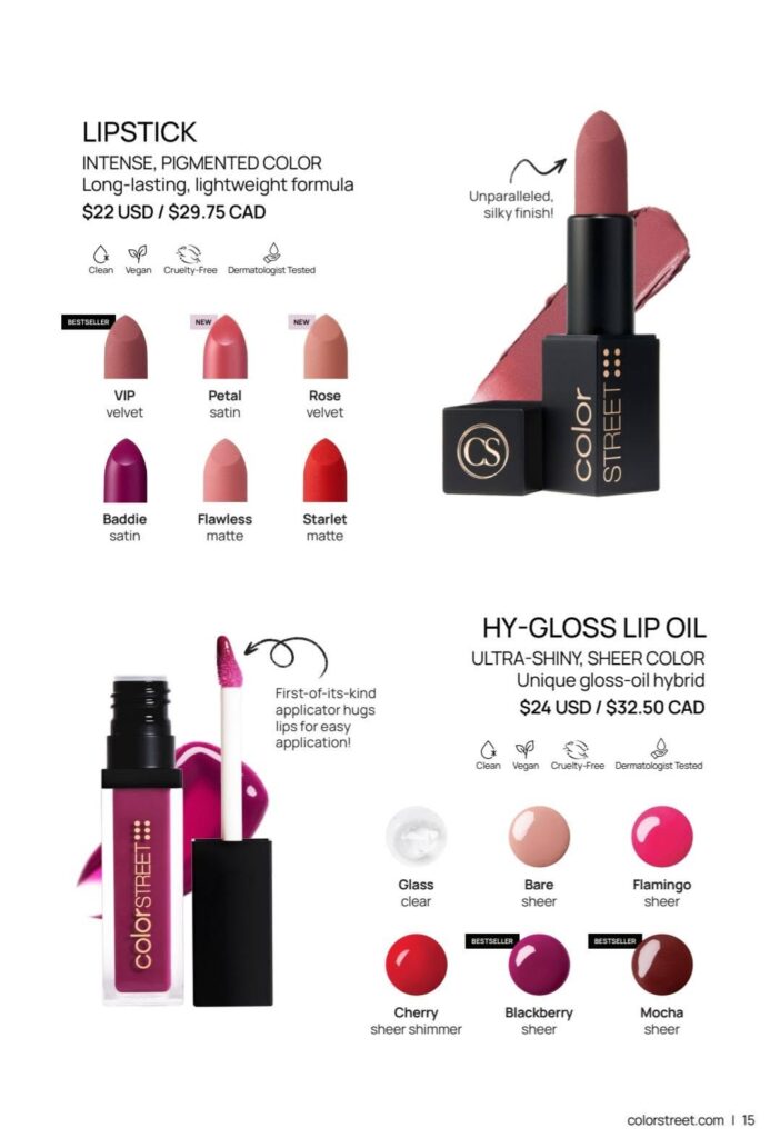 Color Street lipstick and lip oil in six shades each